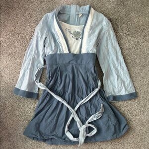 Light Blue and Slate Gray Empire Waist Dress with Embroidered Detail